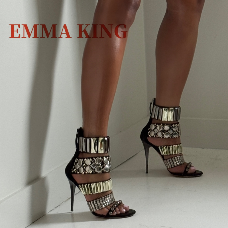 Ankle Strap Attachment - Schwarz verzierte Knöchelriemensandalen für den Sommer,