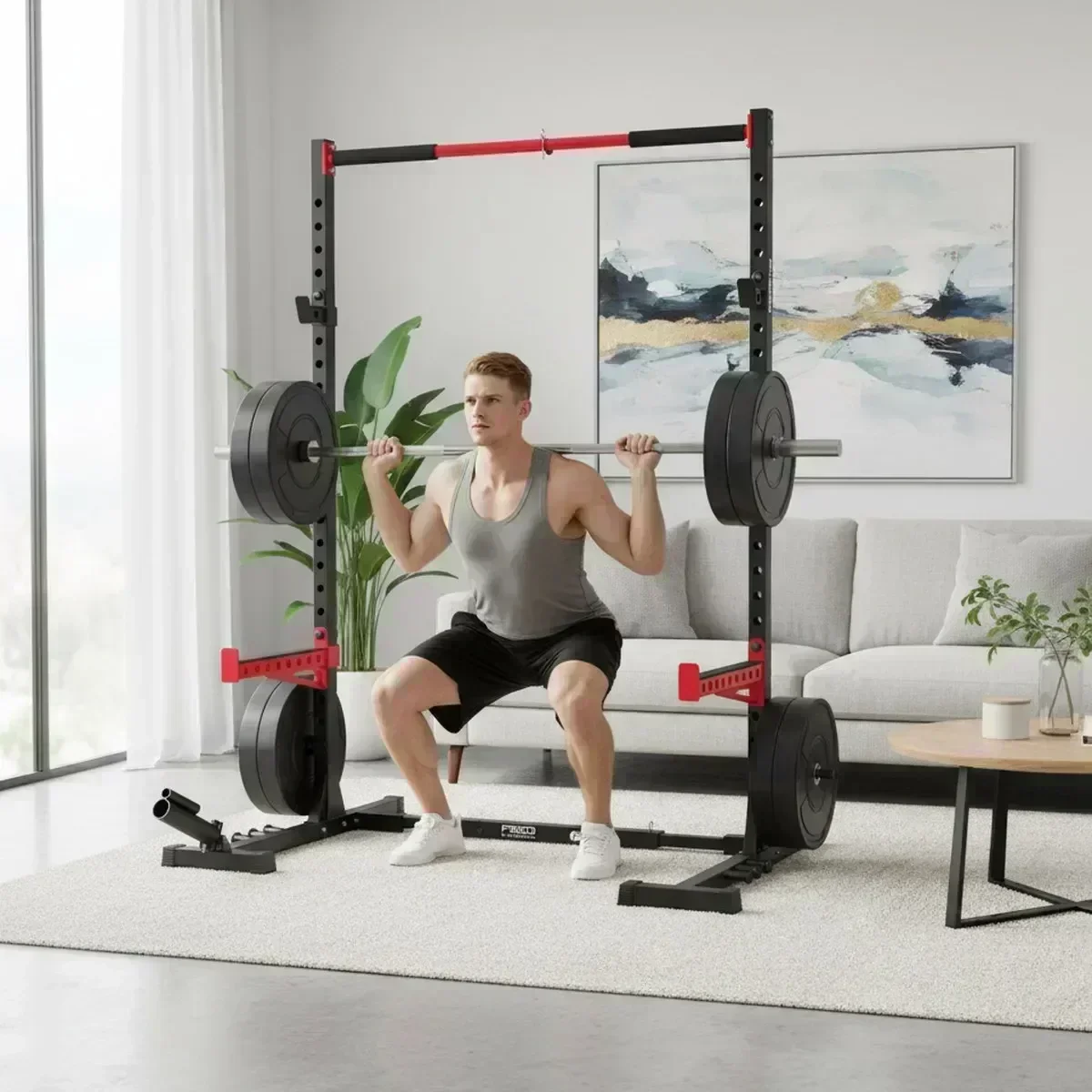 Squat Rack Power - Verstellbares Home-Gym-Kniebeugengestell mit Klimmzugstange, Hochleistungs-Stahl-Hantelkäfig für